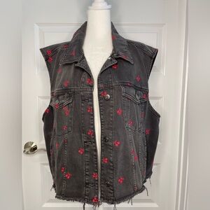 Black Distressed Wild Fable Denim Vest with Red Embroidered Cherries Size Large